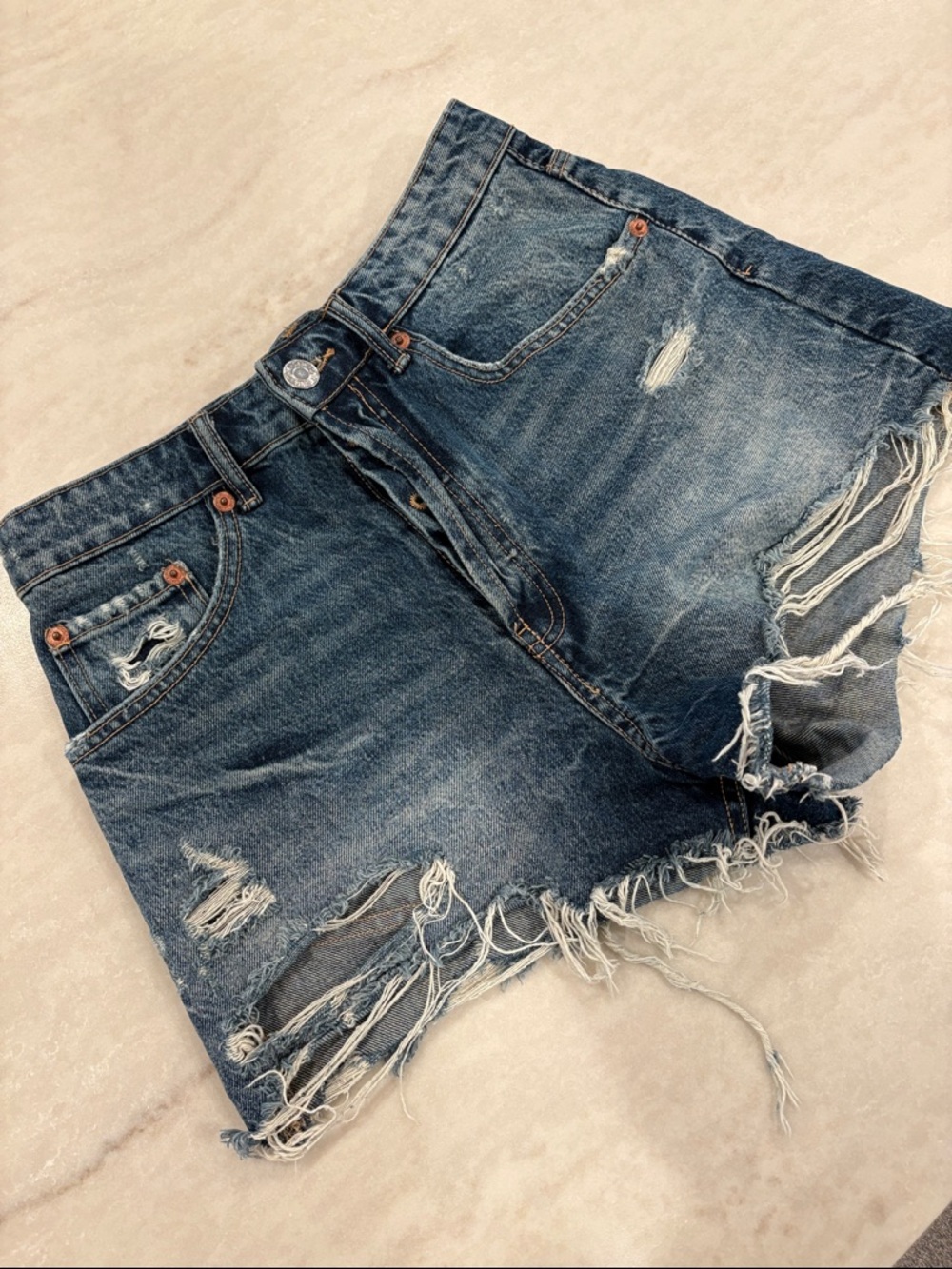 Zara Frayed Distressed Denim Shorts - Blue